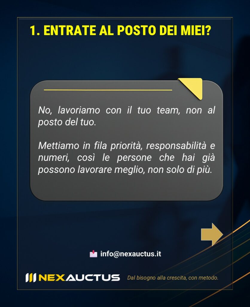 Chiarimento sul ruolo consulenziale di affiancamento al team aziendale, senza sostituzione operativa.