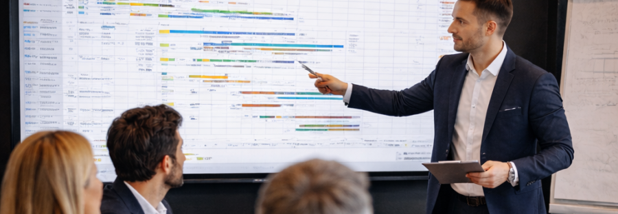 Riunione operativa con avanzamento progetto su schermo, governance operativa in azione.