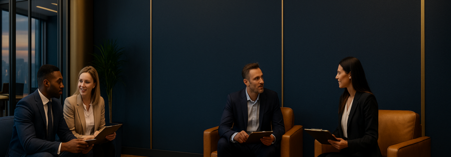 Incontro strategico tra consulenti e management in ambiente aziendale.