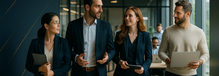 Team manageriale che si confronta e coordina attività in ambiente aziendale.
