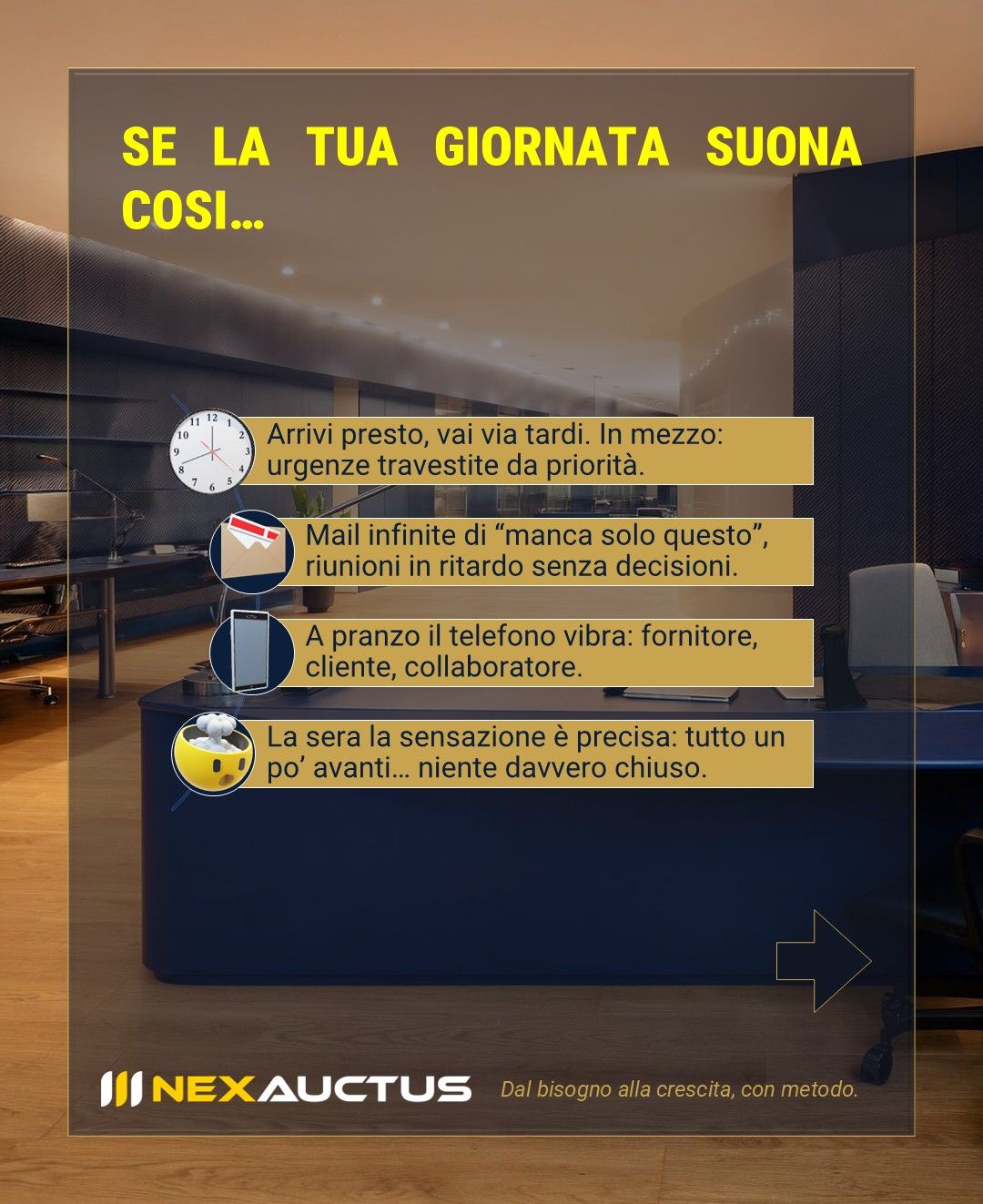 Rappresentazione di una giornata lavorativa frammentata da urgenze e decisioni continue.