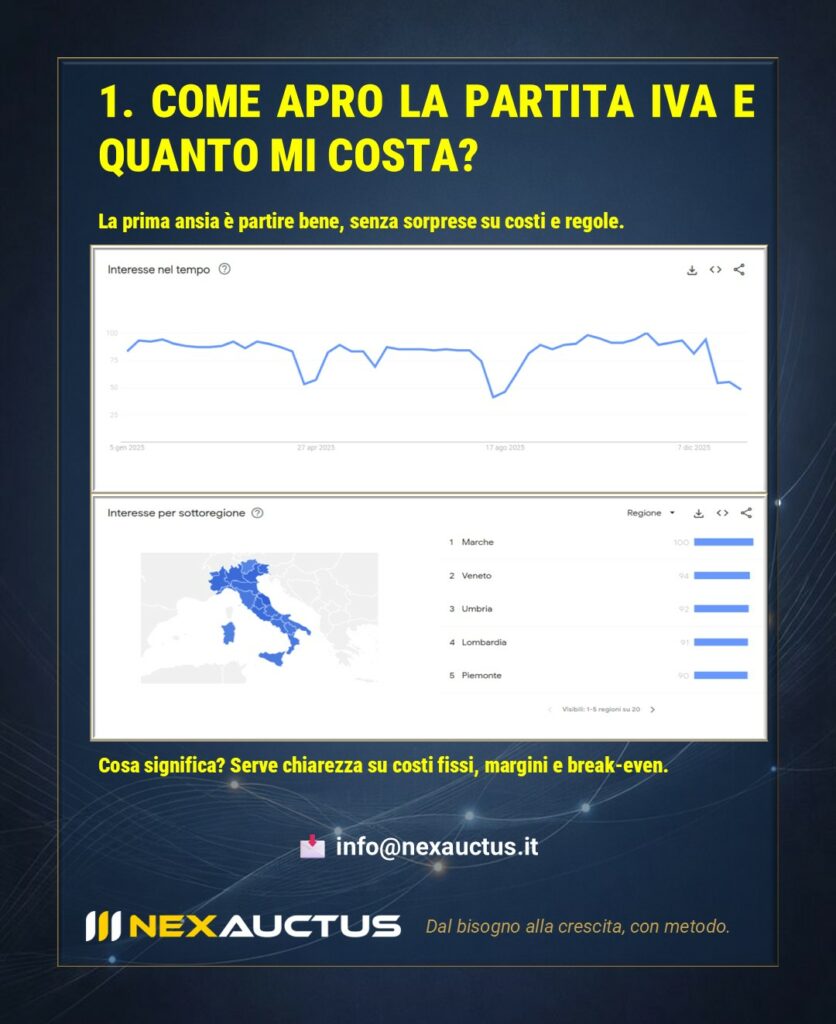 Grafico di ricerca online su apertura partita IVA con analisi dei trend e dei bisogni imprenditoriali.