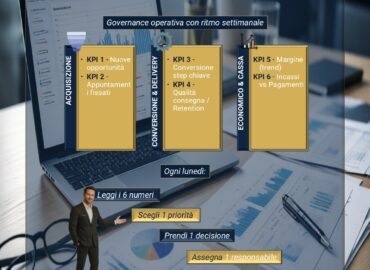 Il cruscotto KPI minimo Slide professionale sul tema “Cruscotto KPI minimo” con sfondo di scrivania moderna: laptop aperto con dashboard KPI e grafici, report cartacei con grafici a barre e torte, penna e occhiali su tavolo in legno. In primo piano struttura grafica con tre aree: Acquisizione, Conversione & Delivery, Economico & Cassa, ognuna con KPI elencati. Titolo in evidenza “Il cruscotto KPI minimo – 6 numeri. 1 decisione. Ogni lunedì.” Presente call to action per richiedere il modello e logo NexAuctus in basso.