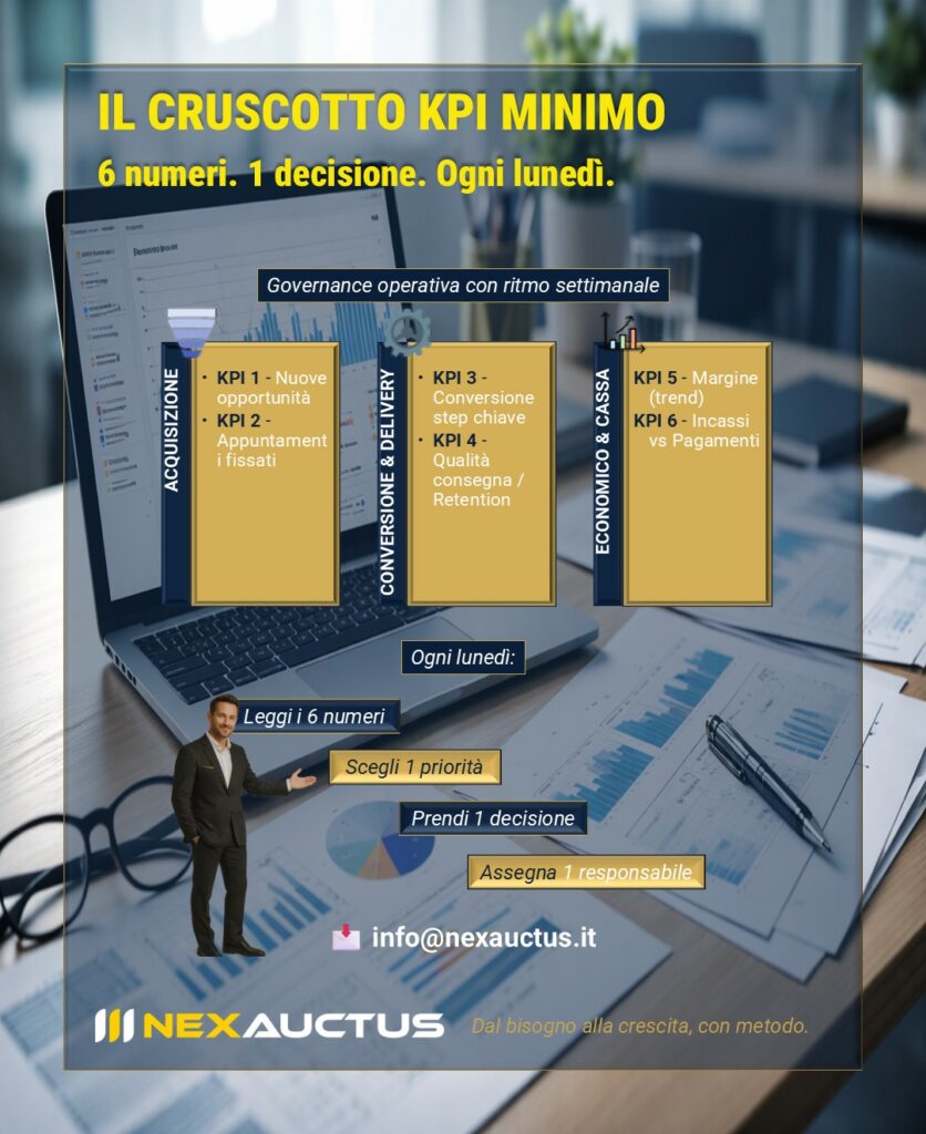 Slide professionale sul tema “Cruscotto KPI minimo” con sfondo di scrivania moderna: laptop aperto con dashboard KPI e grafici, report cartacei con grafici a barre e torte, penna e occhiali su tavolo in legno. In primo piano struttura grafica con tre aree: Acquisizione, Conversione & Delivery, Economico & Cassa, ognuna con KPI elencati. Titolo in evidenza “Il cruscotto KPI minimo – 6 numeri. 1 decisione. Ogni lunedì.” Presente call to action per richiedere il modello e logo NexAuctus in basso.