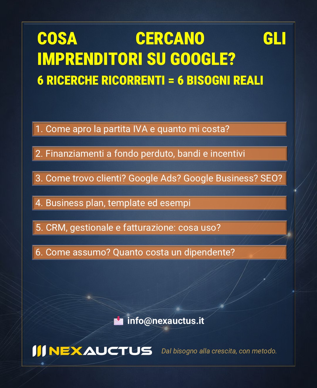 Rappresentazione delle principali domande operative che gli imprenditori cercano online.