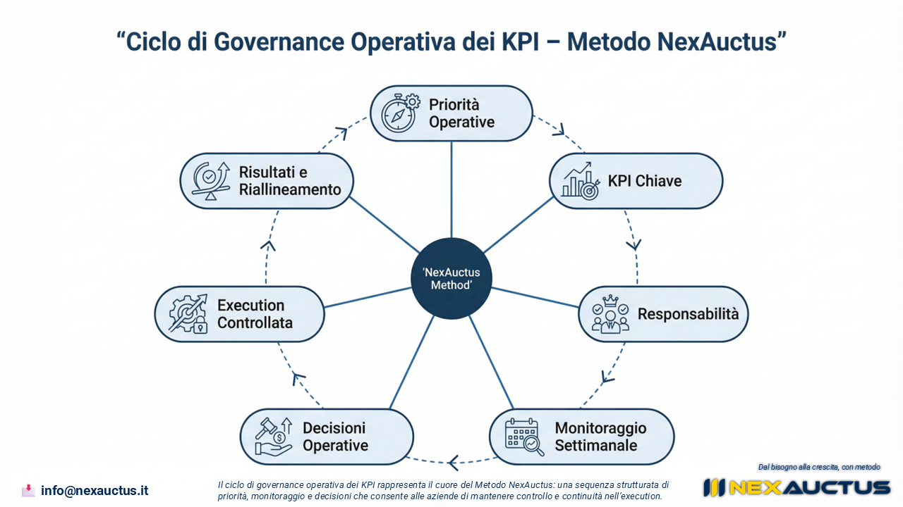Il ciclo di governance operativa dei KPI rappresenta il cuore del Metodo NexAuctus