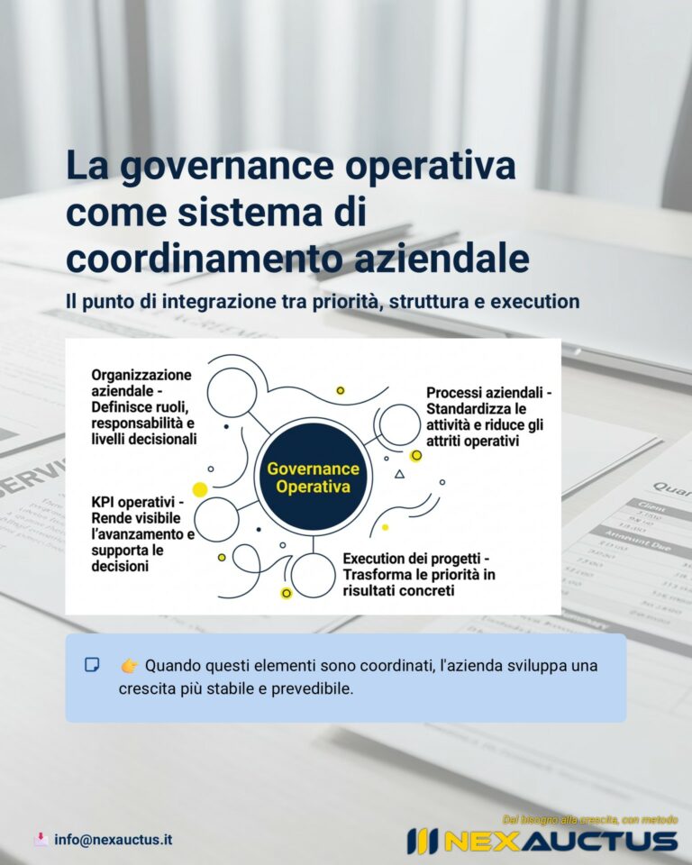 Schema che rappresenta la governance operativa come sistema di coordinamento tra organizzazione aziendale, processi, execution dei progetti e KPI operativi.