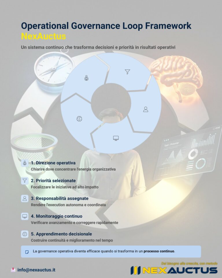 Schema circolare del framework NexAuctus con le cinque fasi del coordinamento operativo aziendale.