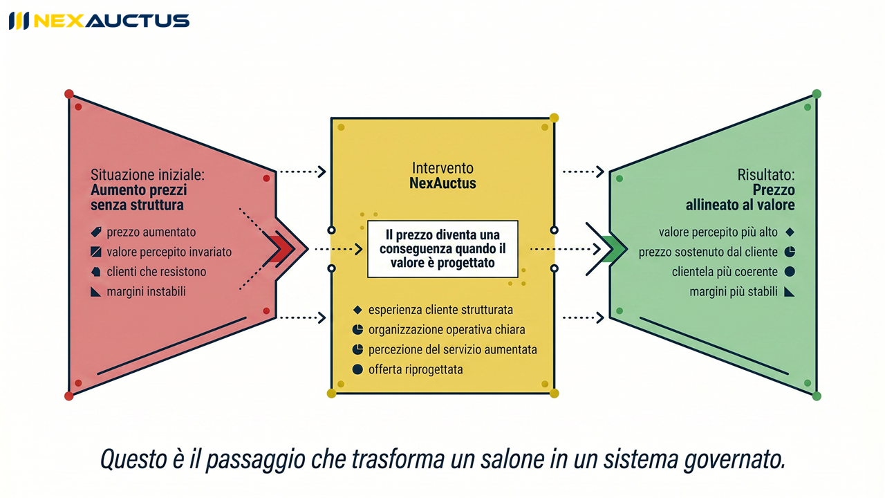 Infografica organizzazione aziendale parrucchiere che mostra il passaggio da aumento prezzi senza struttura a prezzo allineato al valore tramite governance operativa