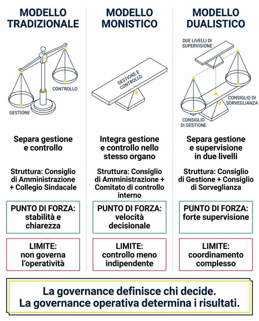 tipi di governance in Italia confronto tra modello tradizionale monistico e dualistico con limiti e punti di forza